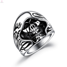 Hip Hop Punk Large Custom Lettering Acero inoxidable Anillo de cráneo de plata masculina